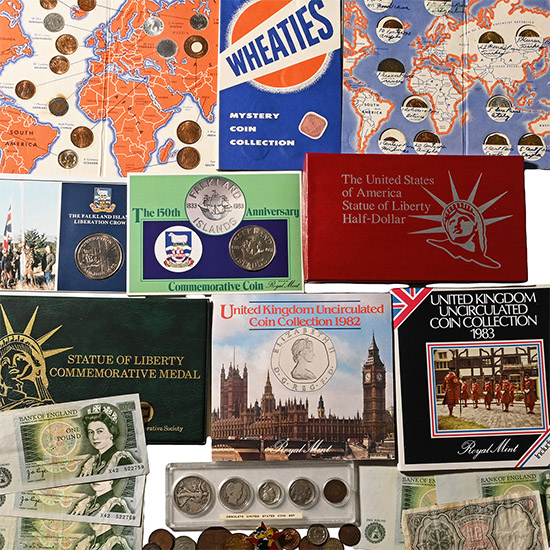 Group of Commemorative Coin Sets, Coins and Banknotes.