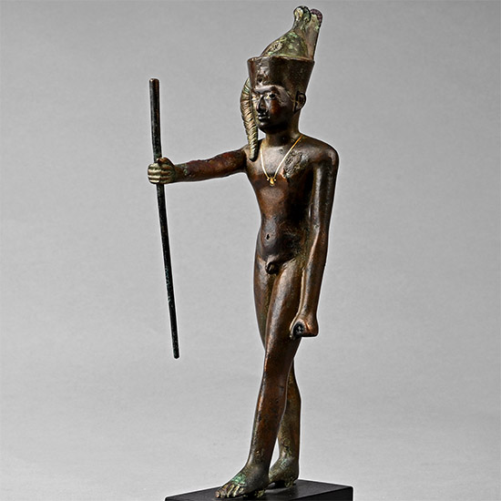 Large Egyptian Bronze Statue of the God Ihy with Gold Necklace and Silver Inlaid Eyes