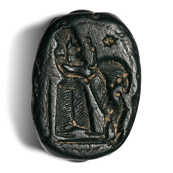 Phoenician Green Stone Scarab with Man Fighting Lion