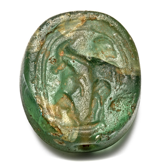 Egypto-Phoenician Glass Scarab Seal with Beast-Tamer Scene