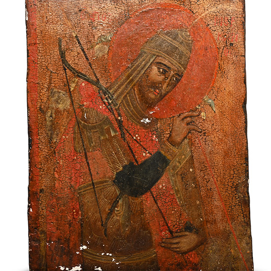 Macedonian Painted Wooden Triptych Panel with Saint Mercury