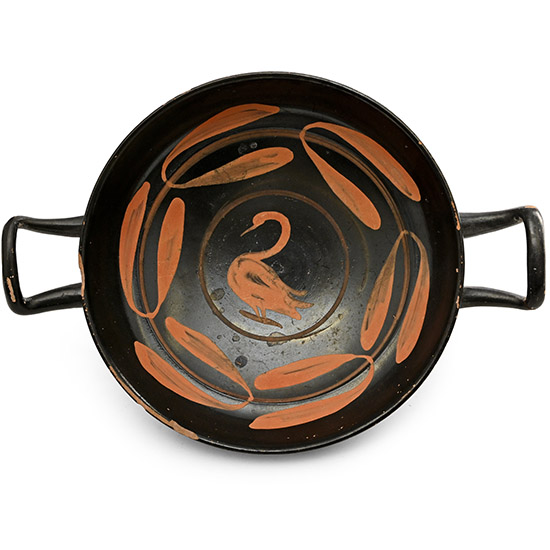 Greek Black-Glazed Twin-Handled Stemless Kylix with Swan