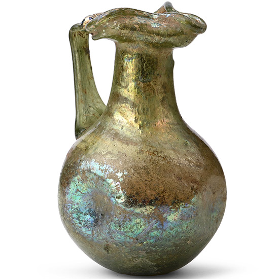 Roman Iridescent Green Glass Trefoil Jug