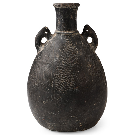 Eastern Mediterranean Terracotta Handled Vase with Engraved Zig-Zag Panels