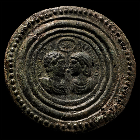 Roman Bronze Marriage Mirror with Facing Busts with Inscription