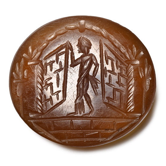 Roman Carnelian Gemstone with Standing Deity Between Doors