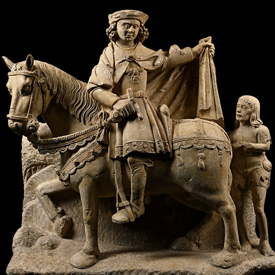 Large Medieval Carved Limestone of St Martin on Horseback with Cloak and Beggar