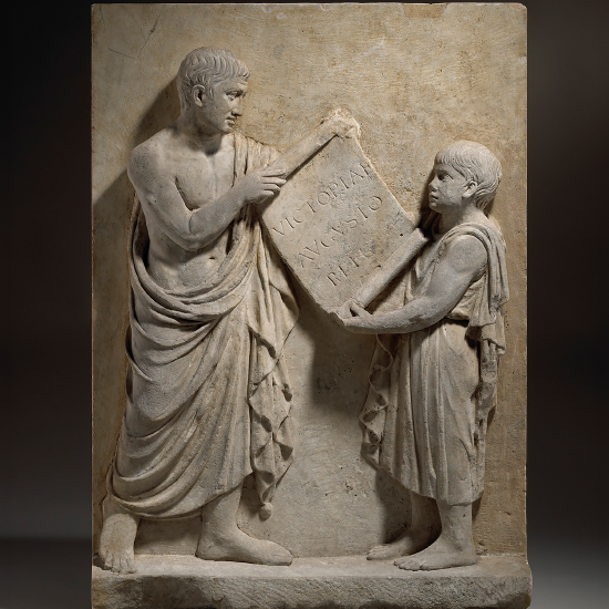 Large Marble Relief with Roman-Era Scene of a Boy Presenting a Scroll