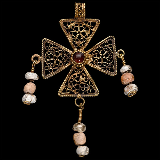 Byzantine Filigree Gold Cross Pendant with Bead Drops