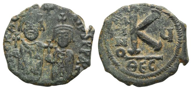 Heraclius, with Heraclius Constantine AE 20 Nummi or Half Follis.