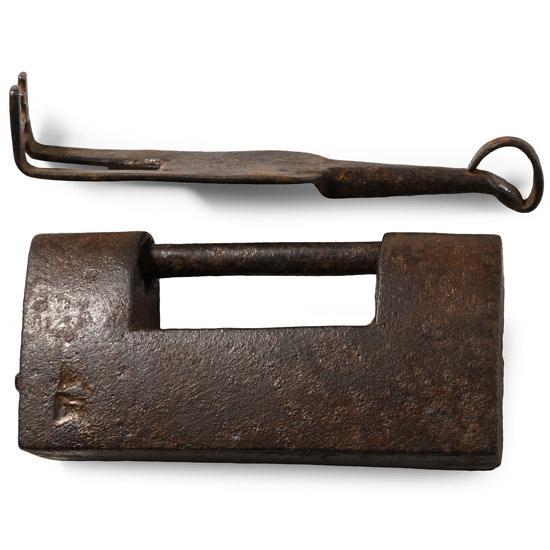 Medieval Published Iron Barrel Lock and Key Group