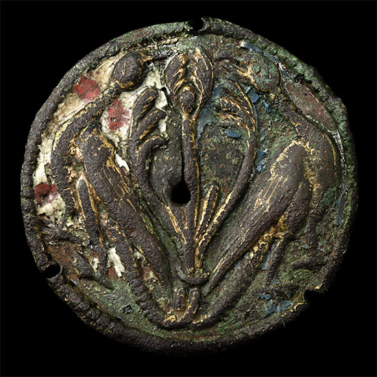 Medieval Enamelled Gilt Bronze Mount with Peacocks