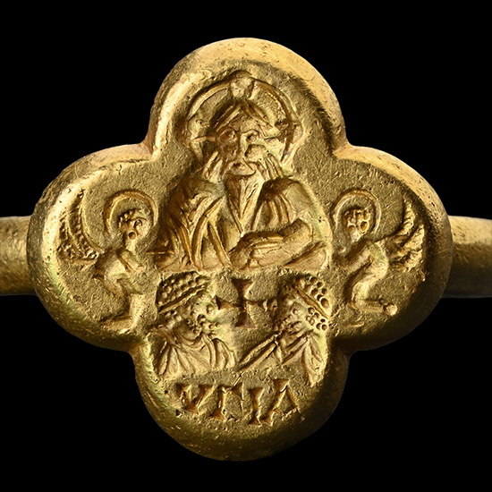 Heavy Byzantine Gold Marriage Ring with Christ and Facing Couple