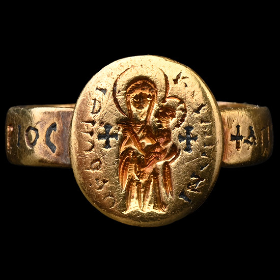 Byzantine Gold Ring Depicting the Virgin and Christ with Inscription