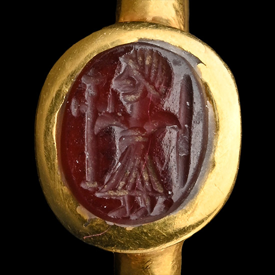 Byzantine Gold Ring with Carnelian Gemstone of Christian Warrior Holding Cross