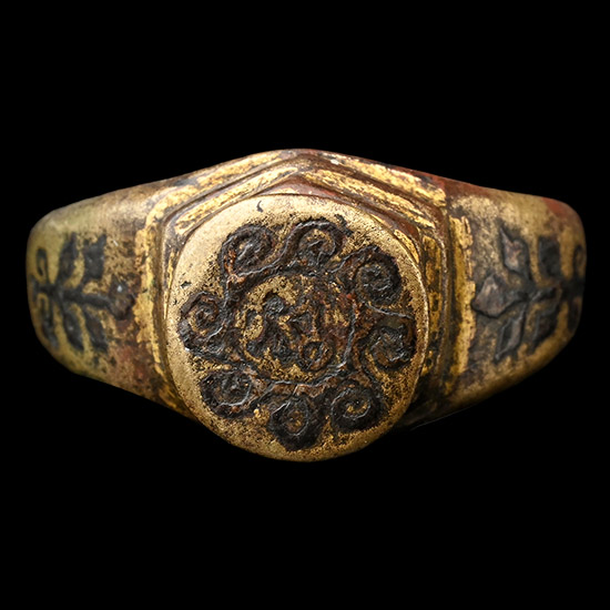 Large Byzantine Gilt Bronze and Niello Ring with Stepped Bezel