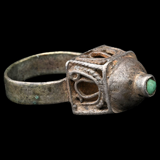 Western Asiatic Silver Temple Ring with Turquoise Cabochon