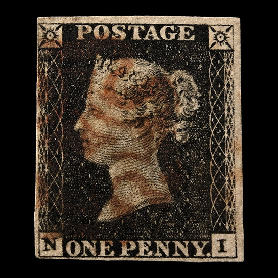 Victorian Penny Black with Dark Brown Maltese Cross