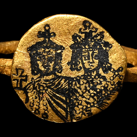 Byzantine Gold Ring with Niello Portrait of Empress Eirene and Her Son Constantine VI