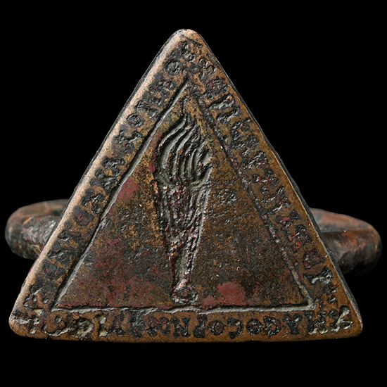 Large Byzantine Bronze Ring with Triangular Bezel with Flaming Torch and Incription