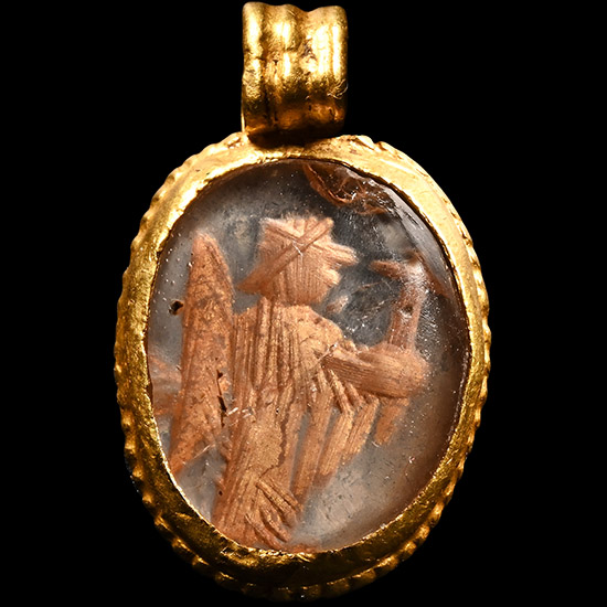 Byzantine Gold Pendant with Gold Figure of Archangel Gabriel in Rock Crystal