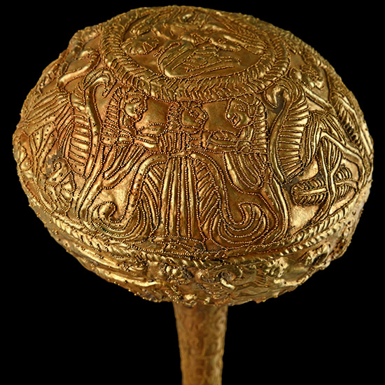 Large Greek Gold Repoussé Dress Pin with Figural Scenes