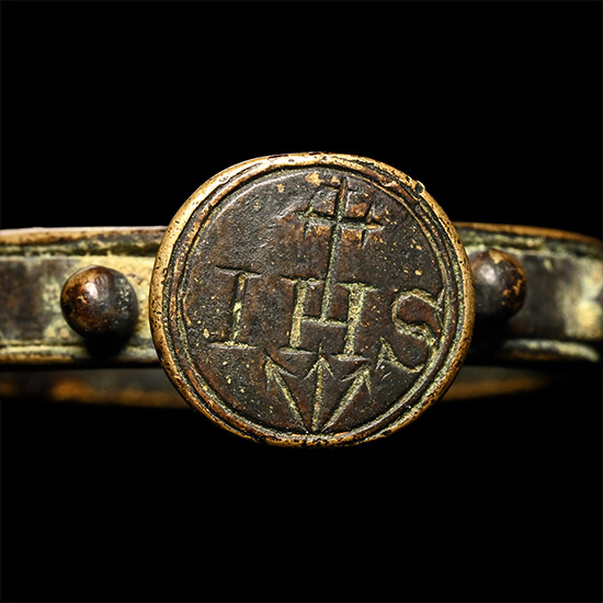Medieval Bronze Rosary Ring with IHS Inscription