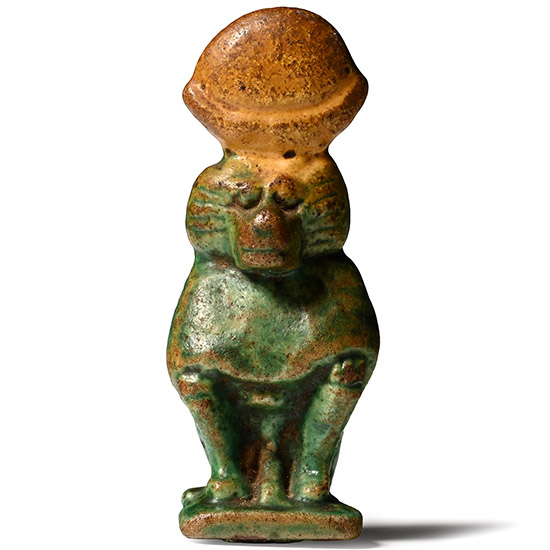 Egyptian Green and Yellow Glazed Baboon Amulet