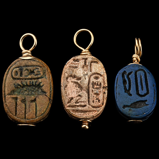 Egyptian Faience Scarabs with Gold Mounts