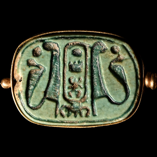 Egyptian Blue Faience Scarab with Cartouche in Gold Loop