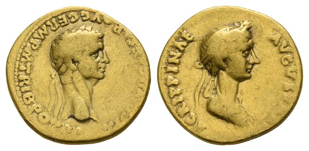 Claudius with Agrippina Junior AV Aureus.