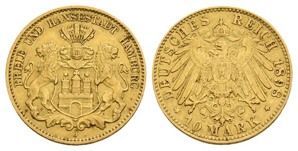 German States. Free Hanseatic city of Hamburg AV 10 Mark.
