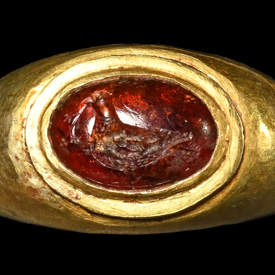 Early Byzantine Gold and Garnet Gemstone Ring with Bird