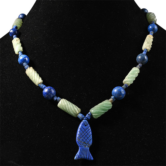 Lapis Lazuli and Green Glass Bead Necklace String with Fish Pendant