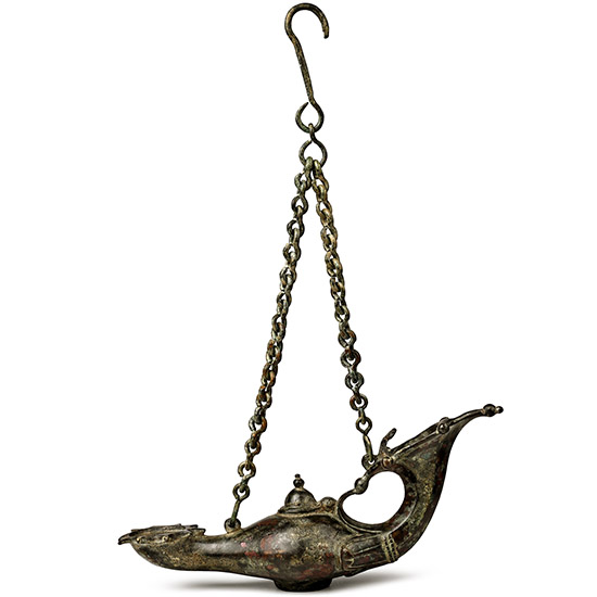 Byzantine Bronze Oil Lamp with Chain and Chi Rho