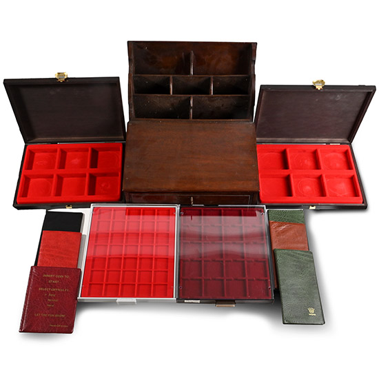 Wooden Bureau, Coin and Medal Storage Tray, Case and Wallet Group
