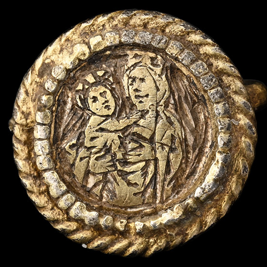 Medieval Silver-Gilt Hat Pin with Mary and Child