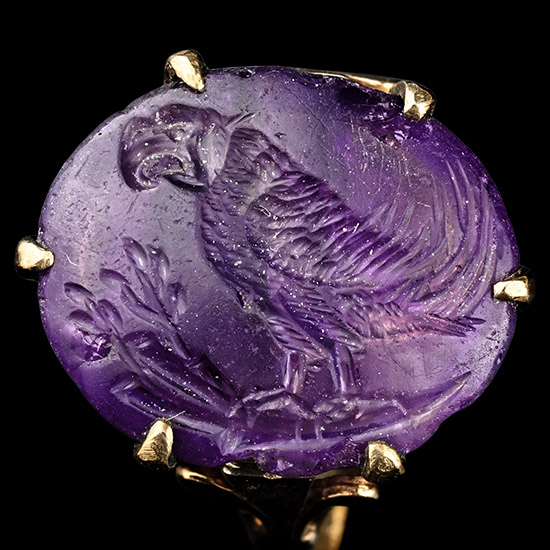 Moghul Amethyst Gemstone with Parrot Perched on Olive Branch in Gold Ring