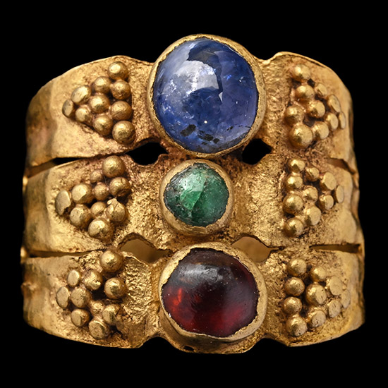 Roman Triple-Hooped Gold Ring with Sapphire and Other Gems