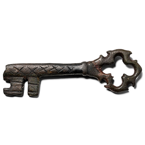 Large Medieval Ornate Bronze Door Key with Quatrefoil