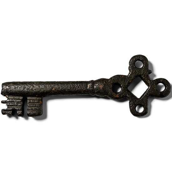 Large Medieval Ornate Bronze Door Key with Lozenge and Loops