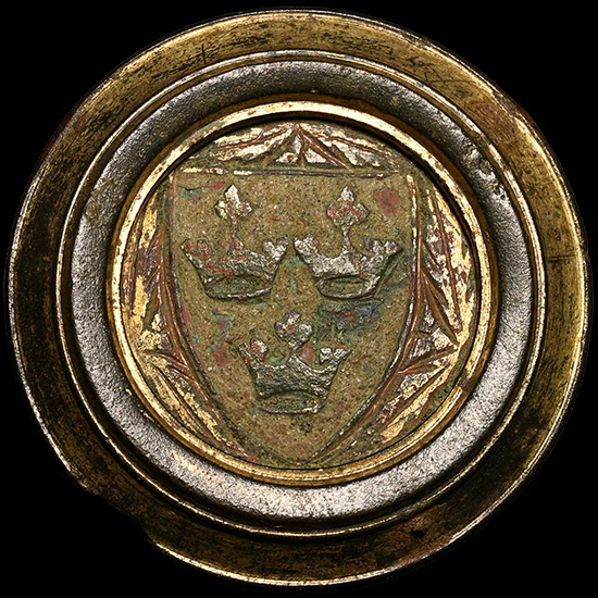 Large Medieval Knights Gilt Bronze Heraldic Horse Harness Roundel with Three Crowns for the Bishop of Ely