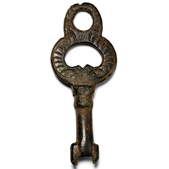Late Roman Bronze Ornate Key with Beast Heads