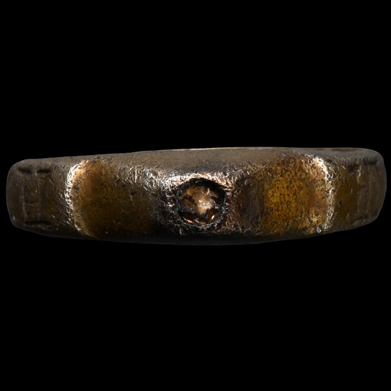 Medieval Silver-Gilt Stirrup Ring with AVE MARIA and Clasped Hands