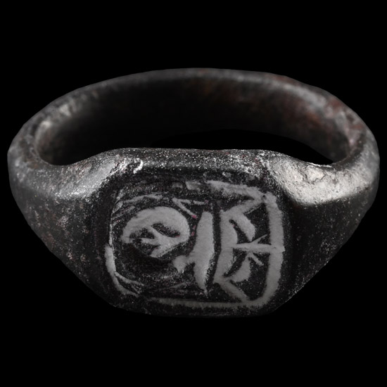 Large Medieval Bronze Glove Signet Ring with Crowned T