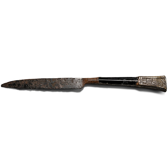 Medieval Iron Knife with Saints Engraved on the Bronze Pommel