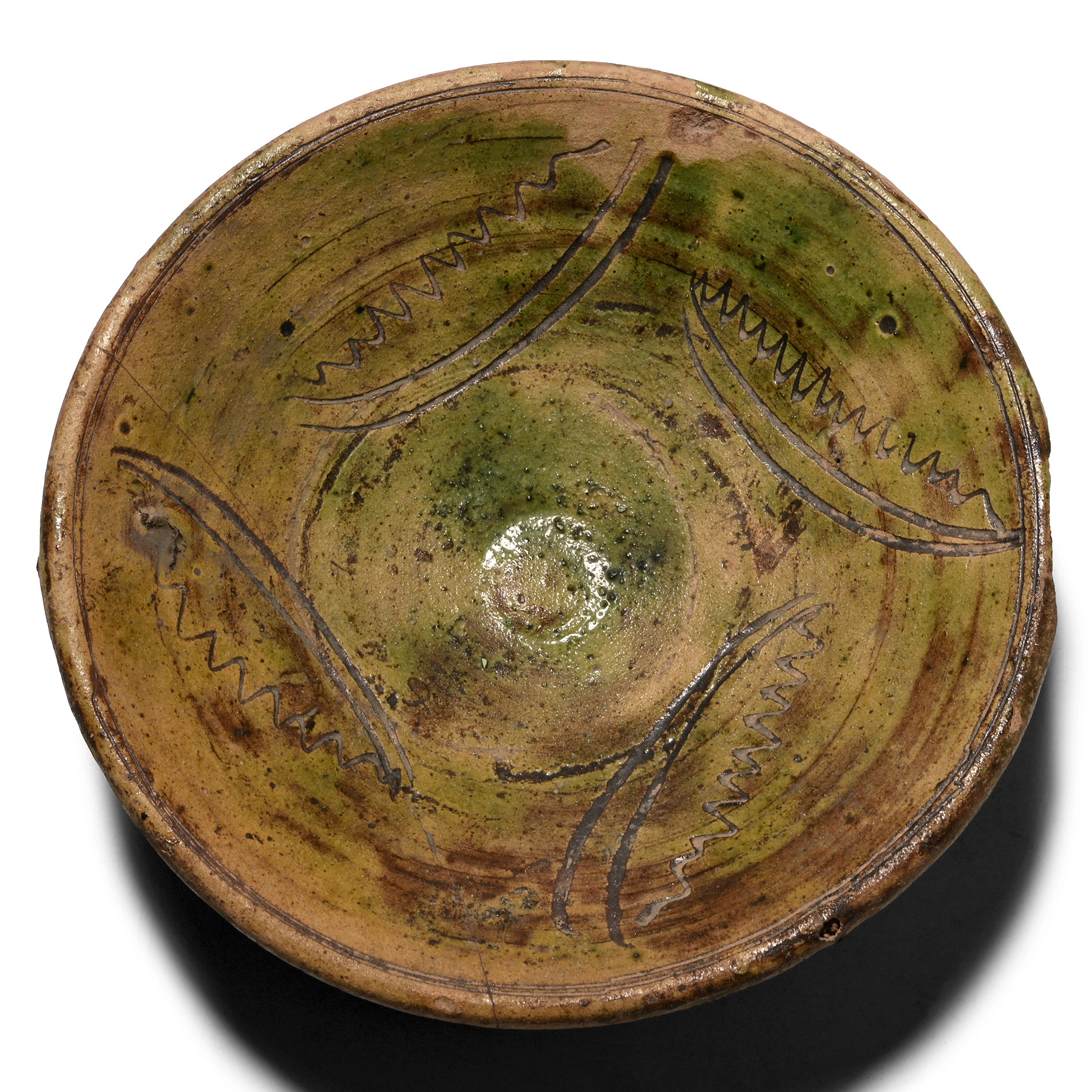 Byzantine Green Glazed Sgraffito Footed Bowl