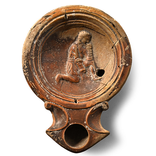 Roman Terracotta Oil Lamp with Kneeling Gladiator