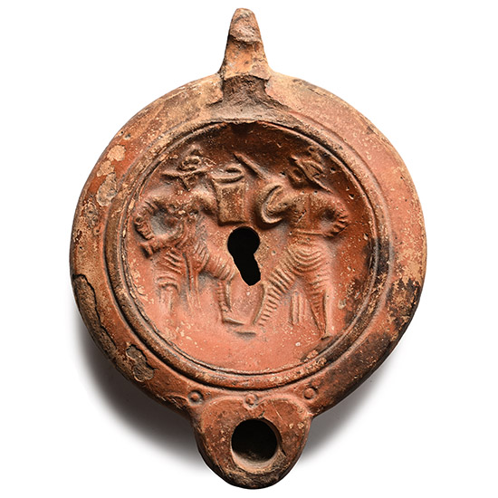 Roman Terracotta Oil Lamp with Gladiators in Combat