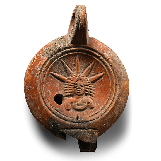 Roman Terracotta Oil Lamp with the God Sol and Makers Mark
